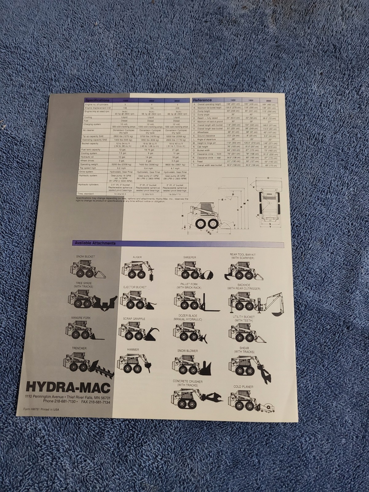 Vintage 1991 Hydra Mac 1450 1850 2650 Skid Steer Loader BROCHURE TRF Minnesota