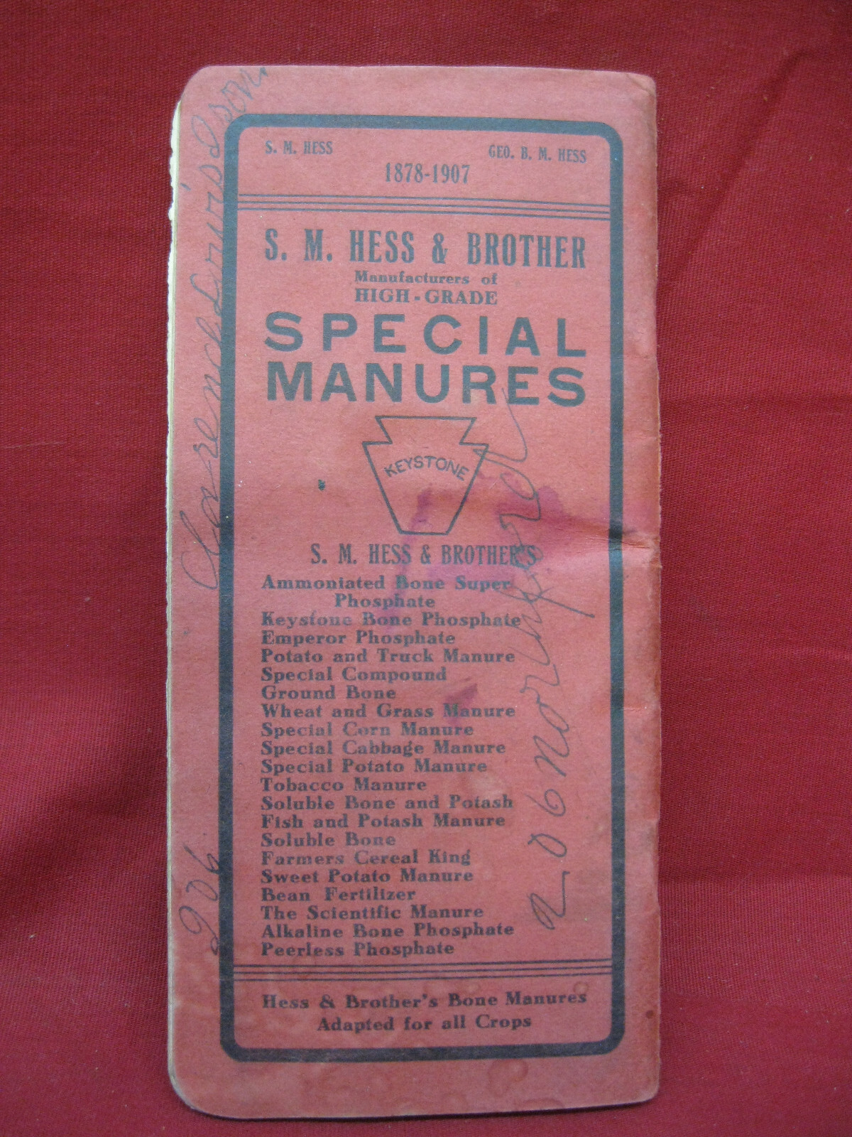 Unique Antique 1907 SM Hess & Brother Advertising Fertilizer Memo Notebook