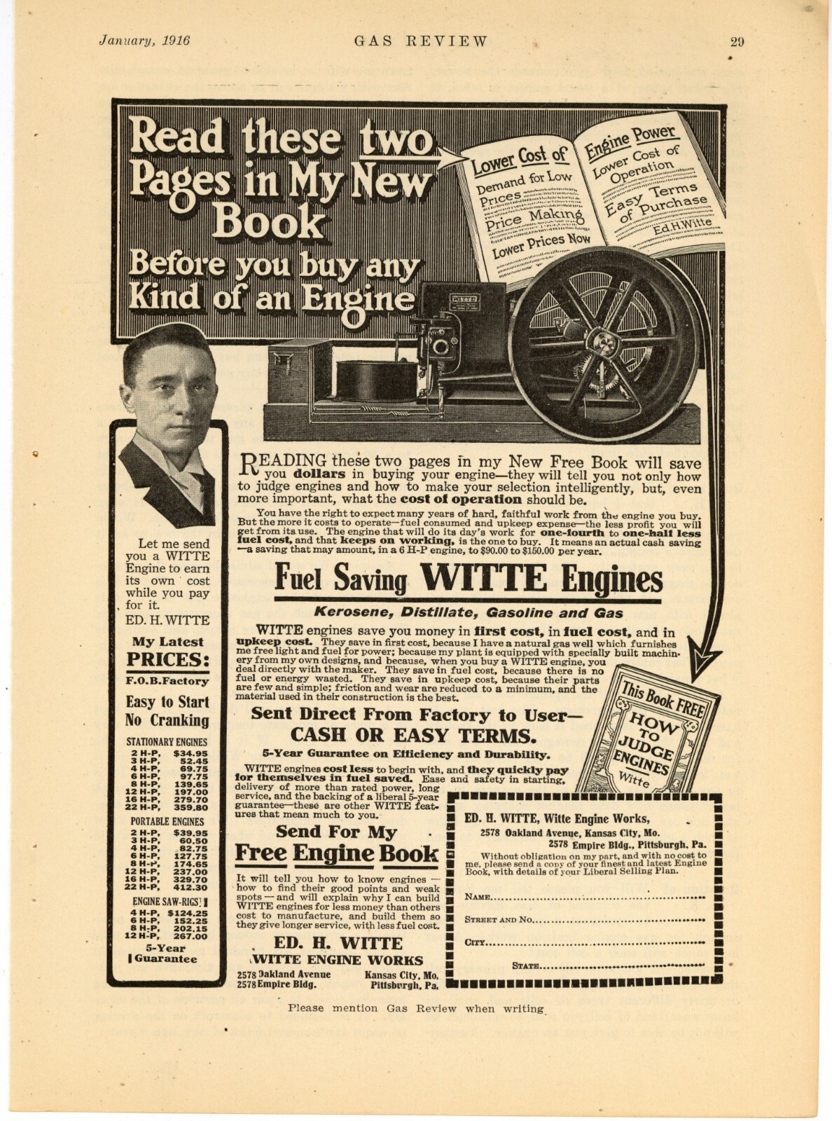 1916 Witte Engine Works Ad: Kerosene, Gas, Distillate Engines – Kansas City, MO