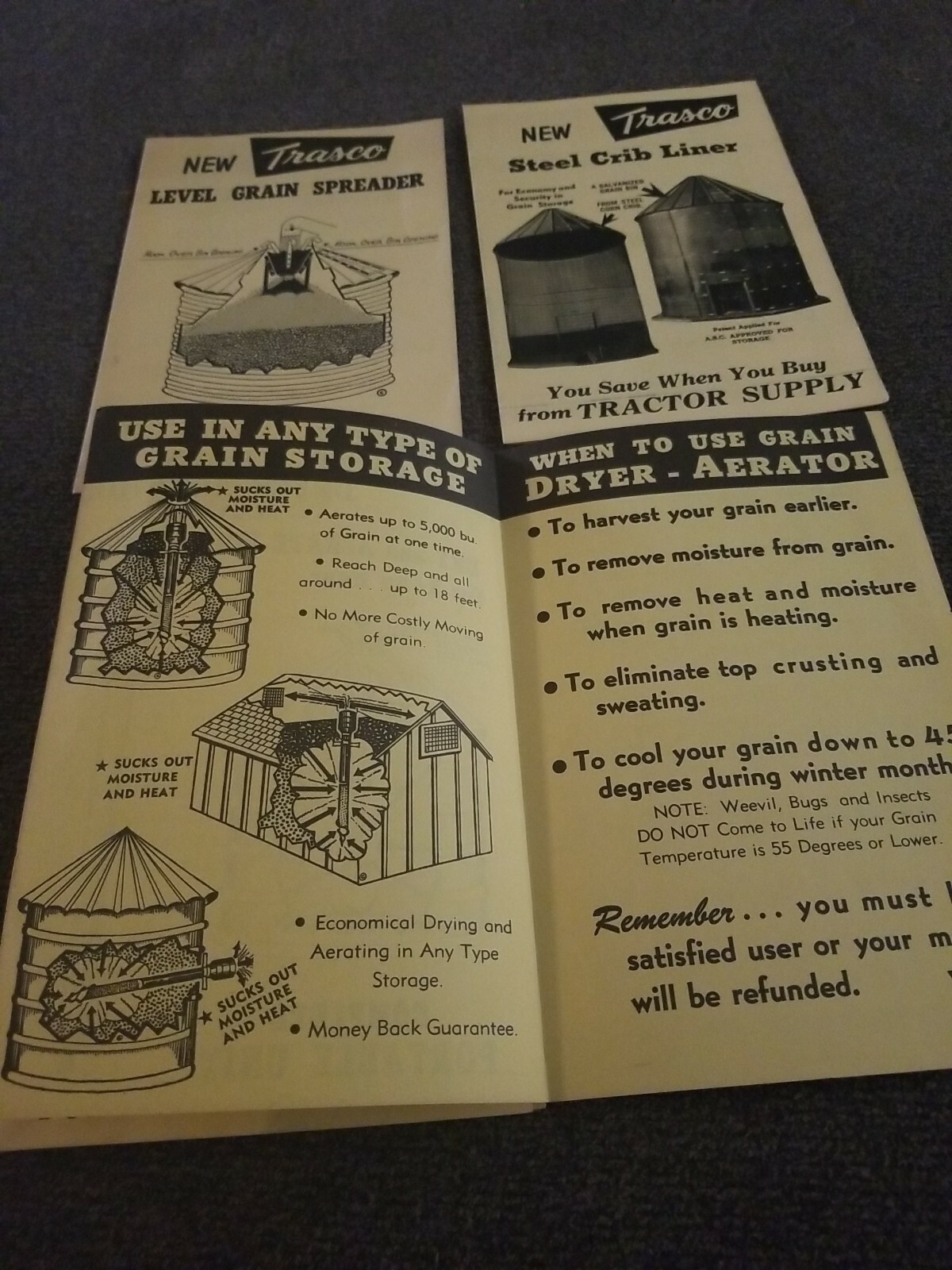 Trasco Grain Bin storage pamphlets. Lot of 4. 1950&rsquo;s 1960&rsquo;s. Tractor Supply. S1