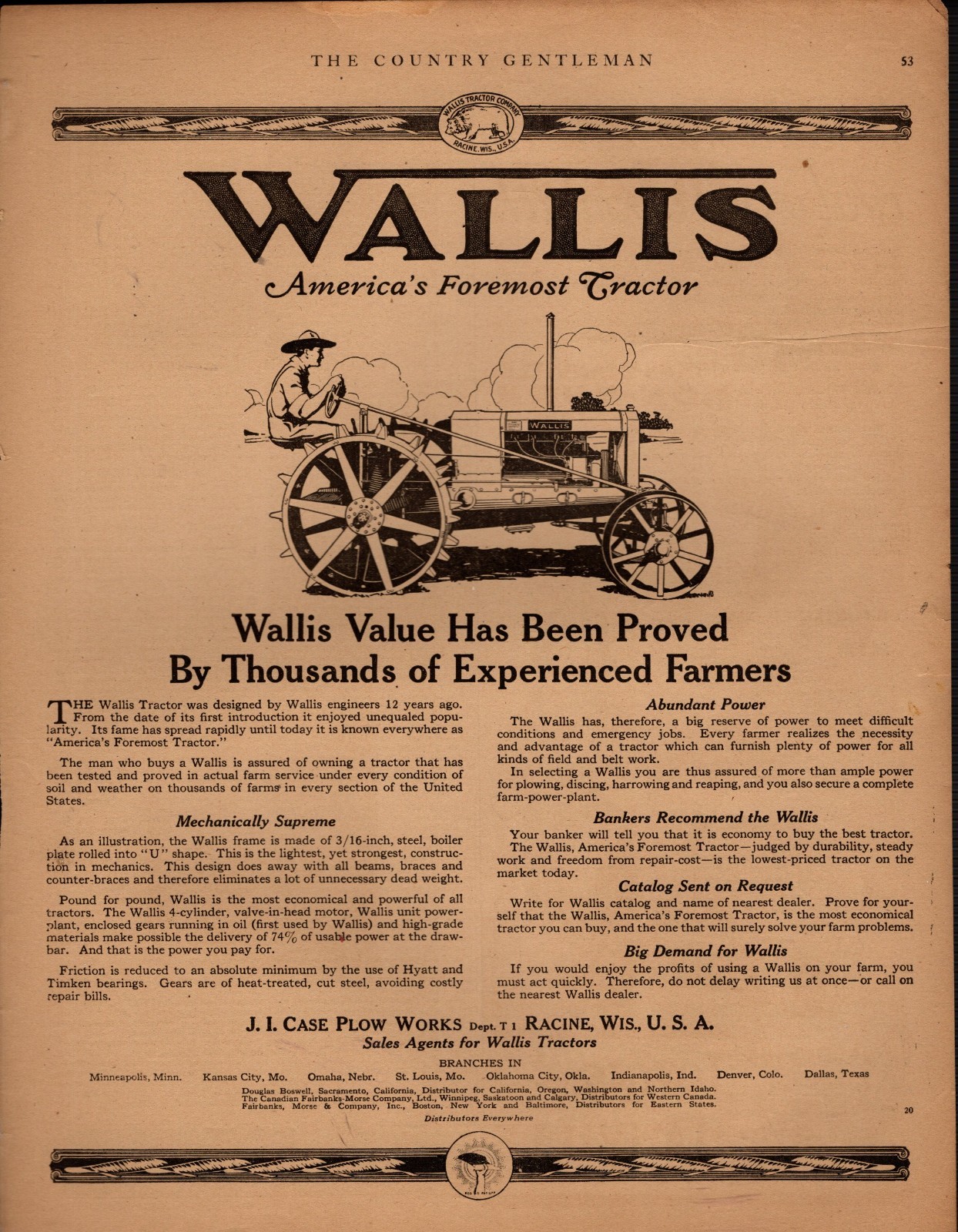 1919 Wallis original Tractor ad -Racine WI Scarce
