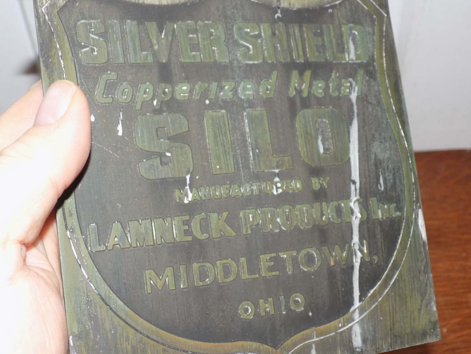Vintage Silver Shield Copperized Metal Silo Sign