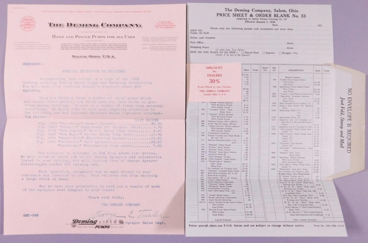 1928 Deming Sprayer Catalog Special Letter & Order Form w Prices Salem OH D2F11
