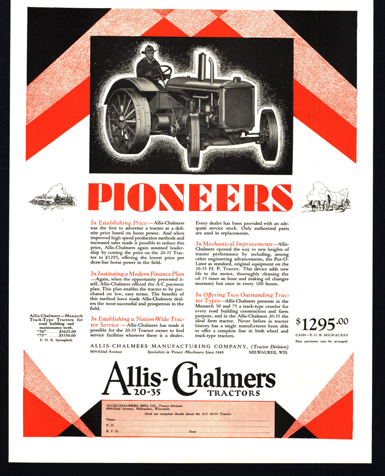 1928 ALLIS-CHALMERS TRACTORS PIONEERS VINTAGE PRINT AD
