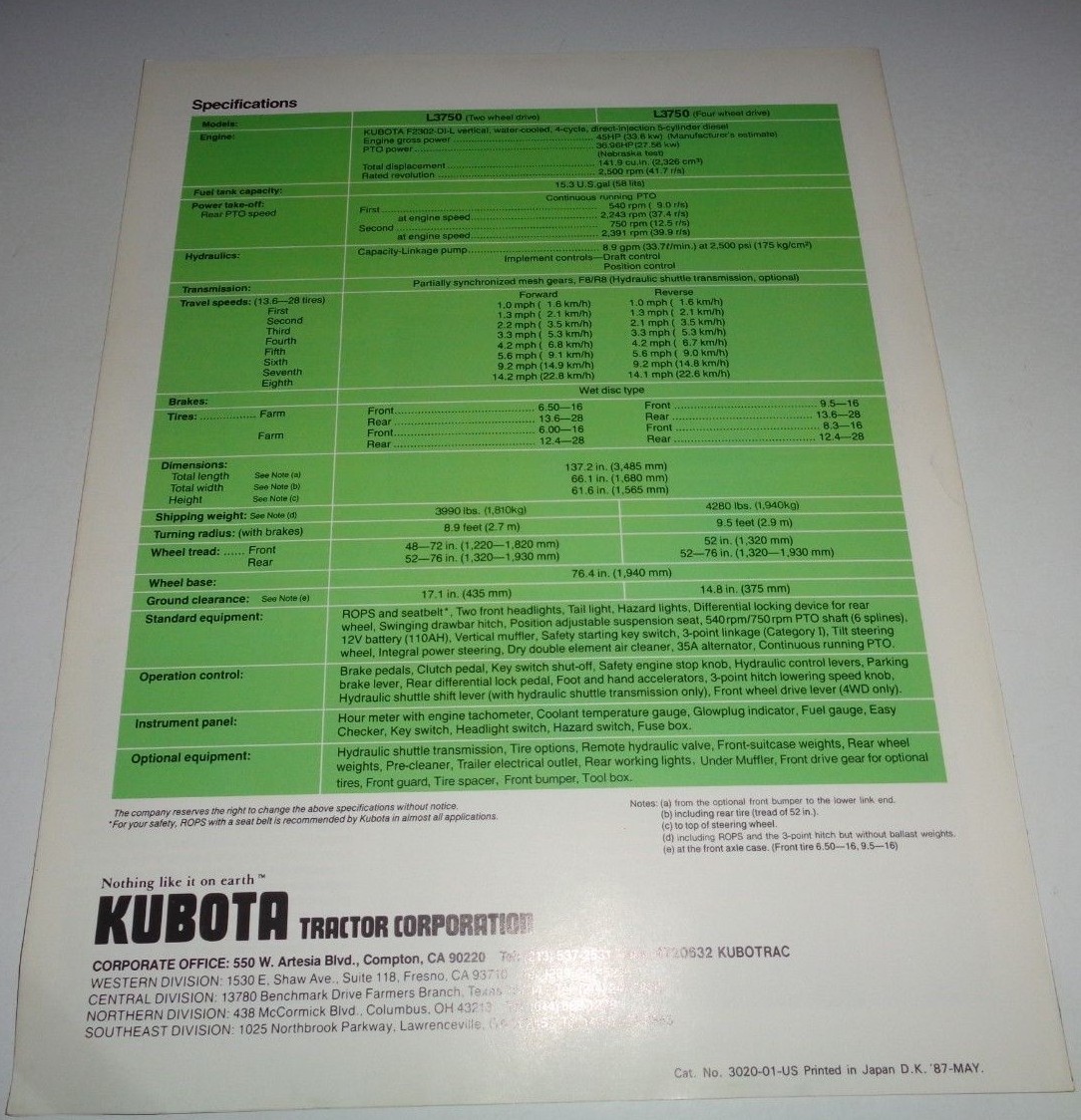 *Kubota L3750 Diesel 4 Wheel Drive Tractor Dealers Sales Brochure literature
