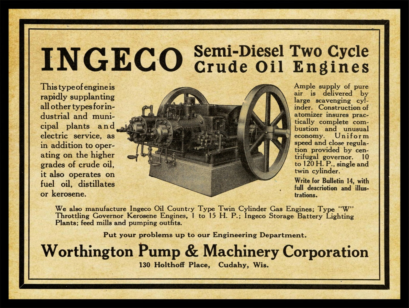 1917 Worthington Pump & Machinery New NEW Metal Sign: INGECO OIL Engine, Cudahy