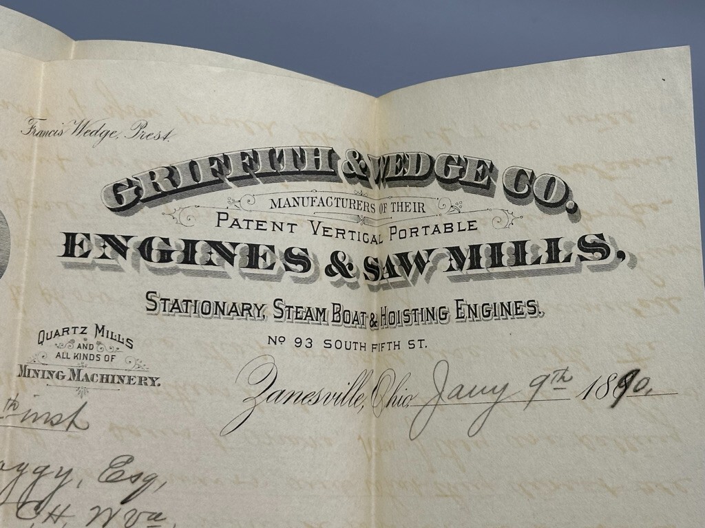1890 Griffith & Wedge ENGINES SAW MILL Advertise FARM Postal Cover ZANESVILLE OH
