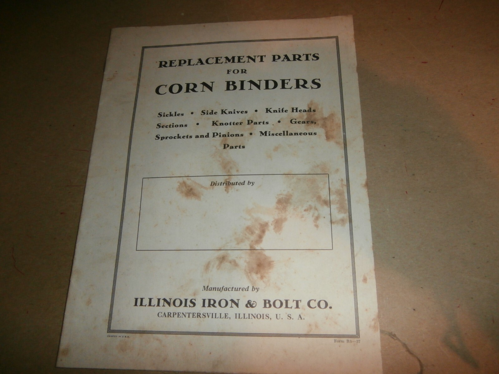 Vintage Parts Catalog for Illinois Iron & Bolt Co Corn Binders Carpentersville