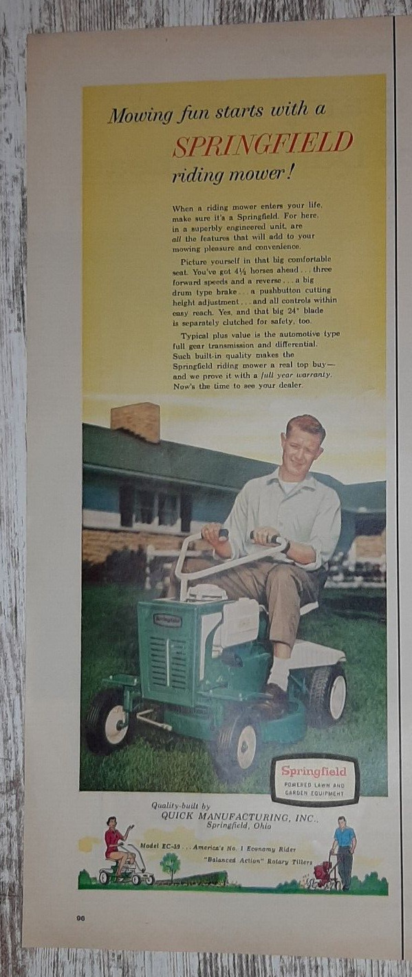 1959 Springfield Vintage Print Ad Riding Lawn Mower Rotary Tiller Garden Ohio