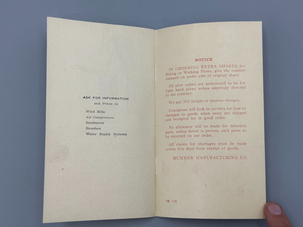 1933 HUMMER PLOW WORKS Price List Catalog FARM Advertising SPRINGFIELD Illinois