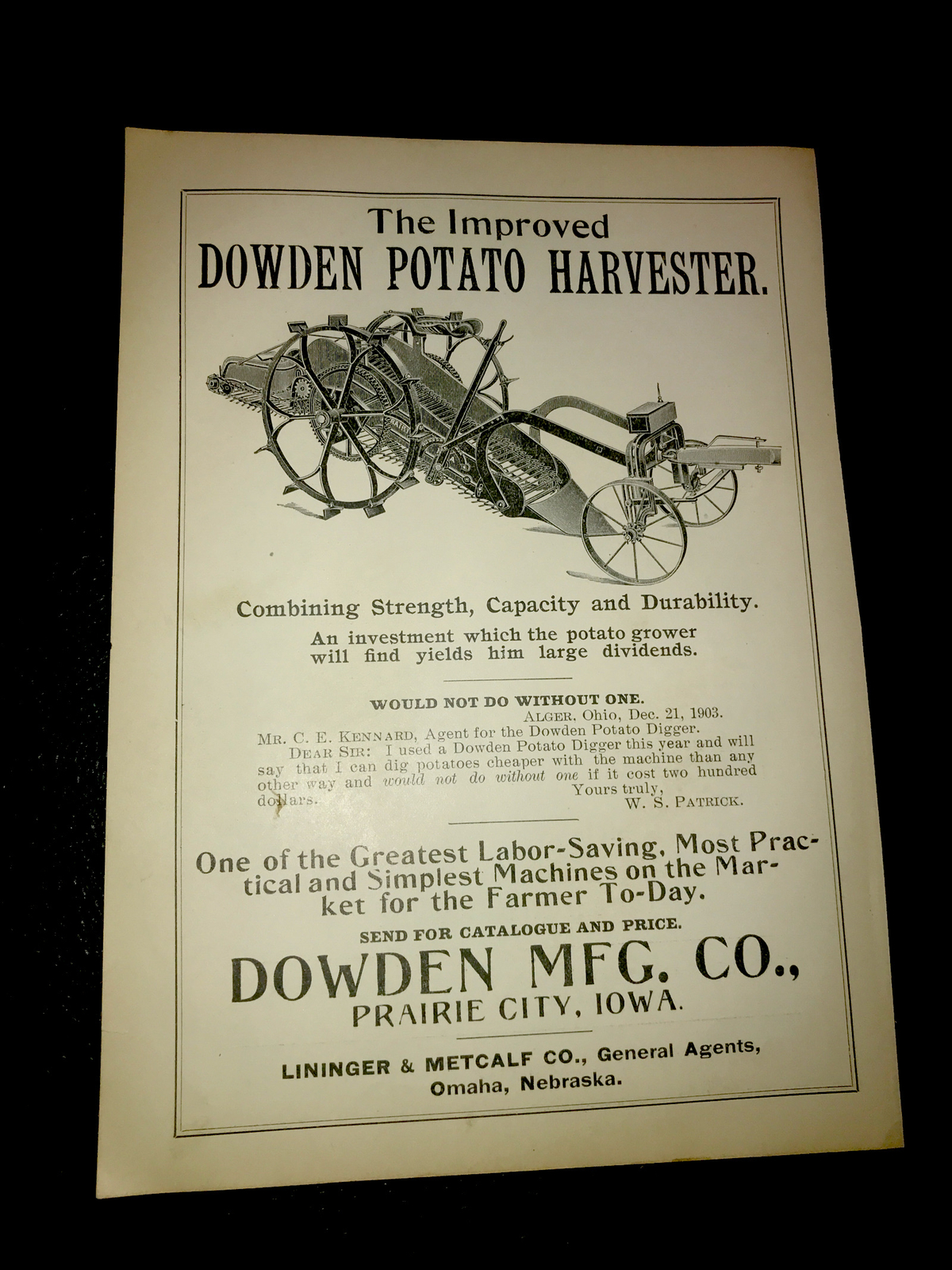 1905 Dowden Potato Harvester Farm Advertising – Prairie City – Iowa – Omaha
