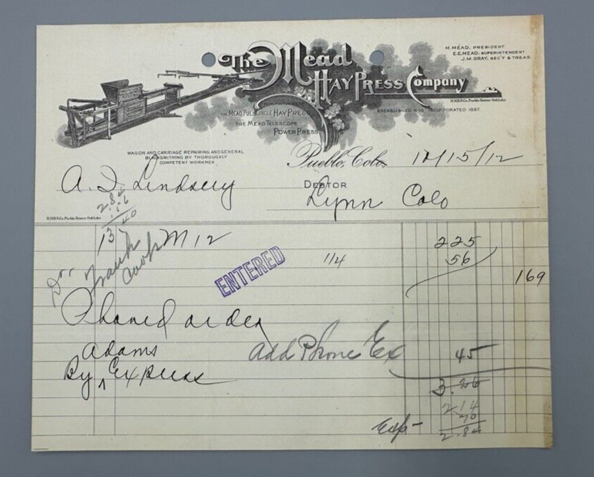 1912 MEAD HAY PRESS Farm Advertising Receipt PUEBLO Colorado