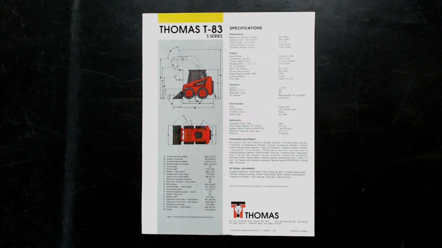 Thomas T-83 S Series Skid-Steer Loader Brochure Vintage 1984