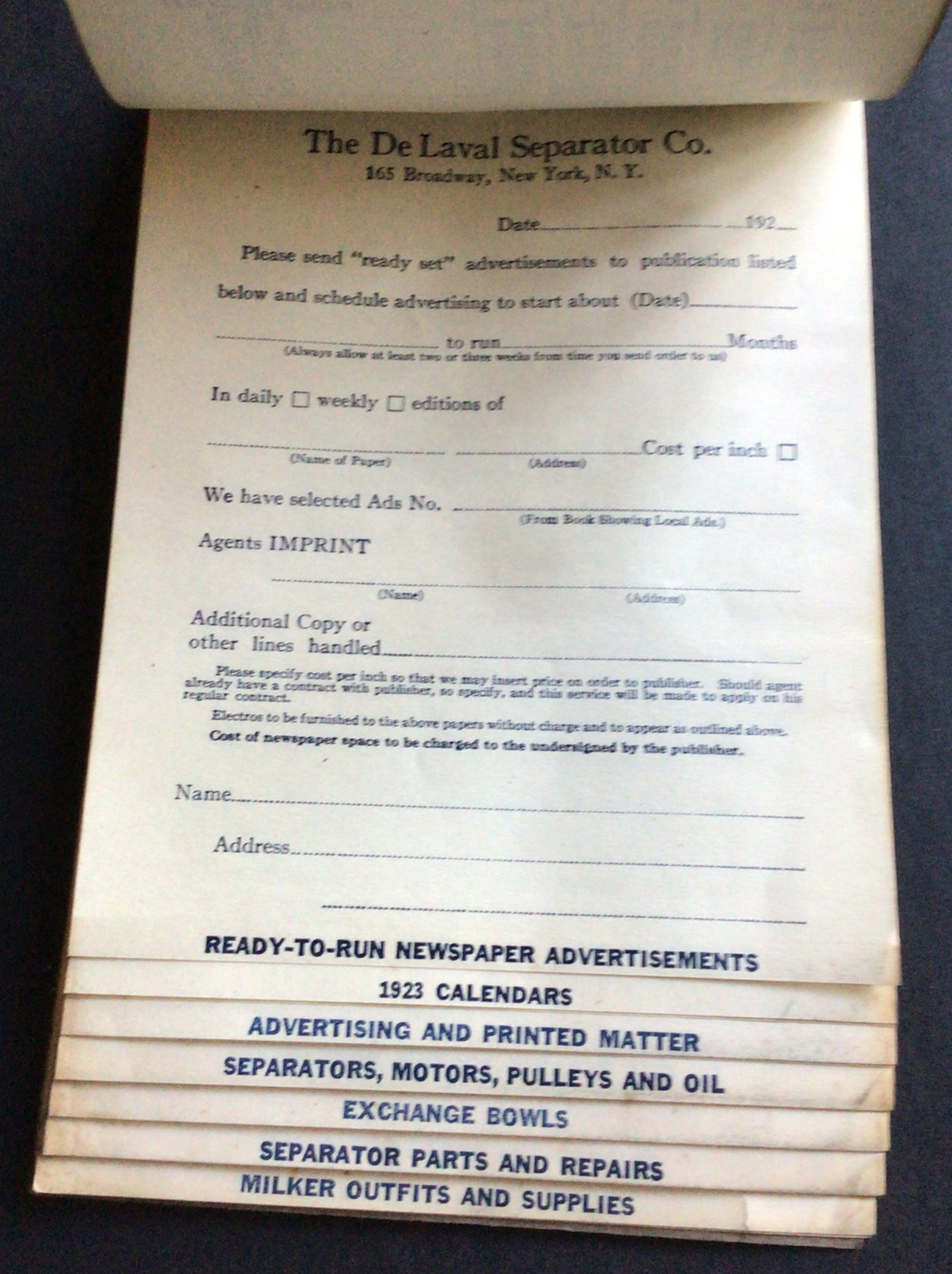 Vtg De Laval Separator co Agents Order Book & Price List