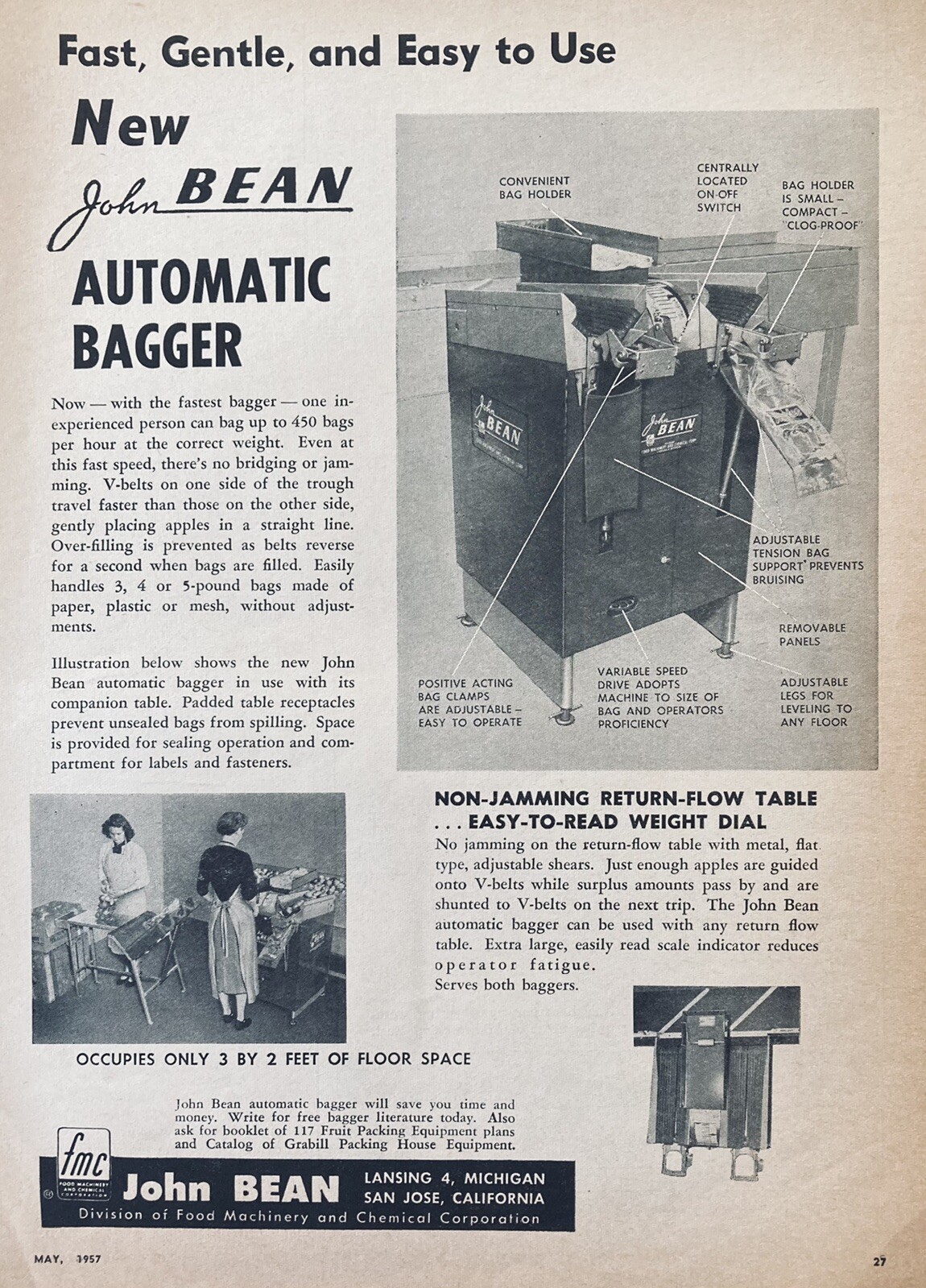 1957 AD.(XG14)~JOHN BEAN (FMC) LANSING, MI. NEW JOHN BEAN AUTOMATIC FRUIT BAGGER