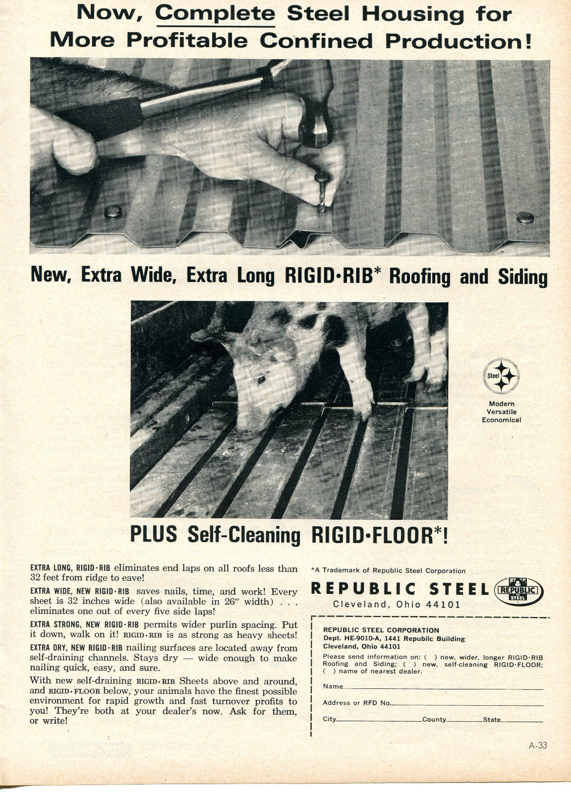 1964 Print Ad of Republic Steel Rigid Floor & Rigid Rib Roofing & Siding Farm