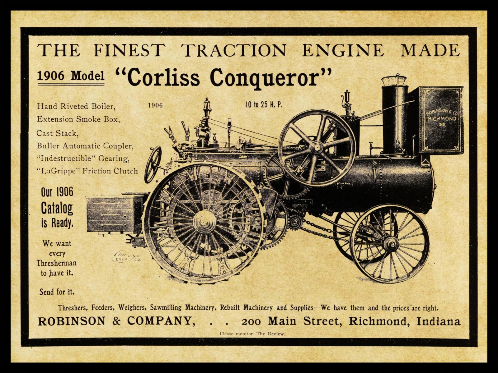 1906 Robinson Corliss Conqueror Traction Engine NEW Metal Sign: Richmond Indiana