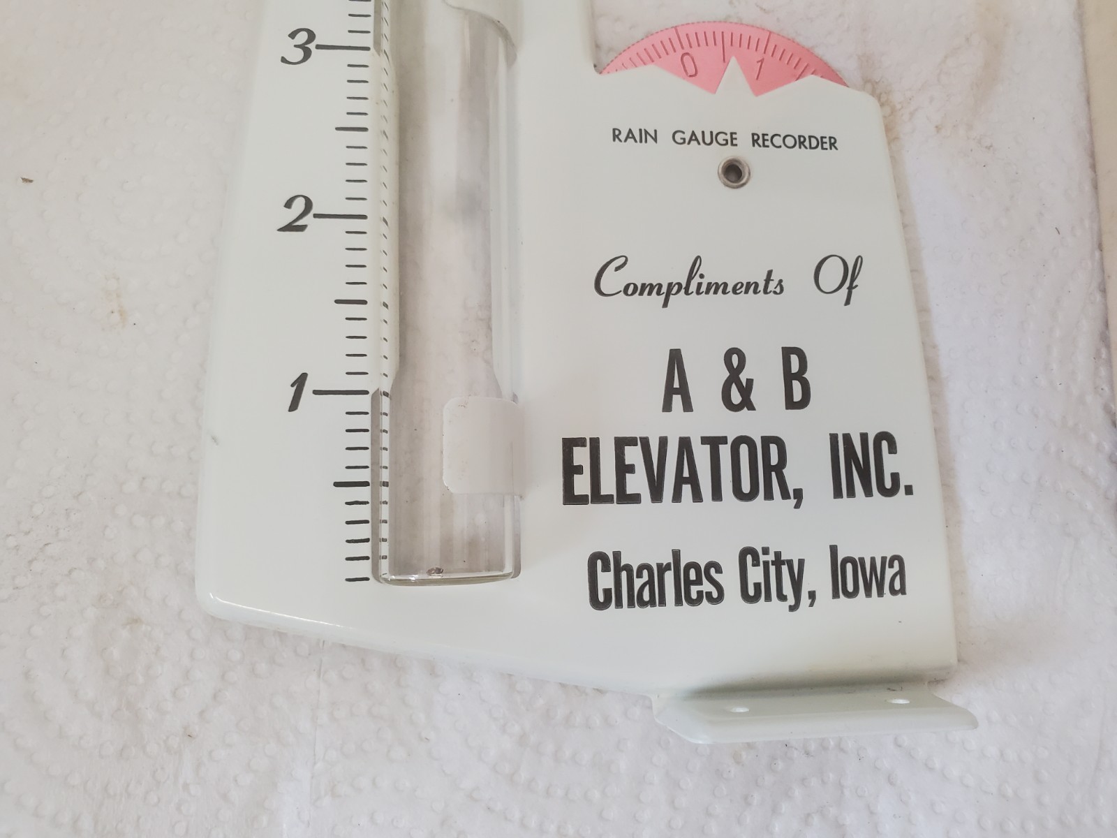 Metal Rain Guage A & B elevator Inc. Charles City Iowa Feed Grain Farm Decor