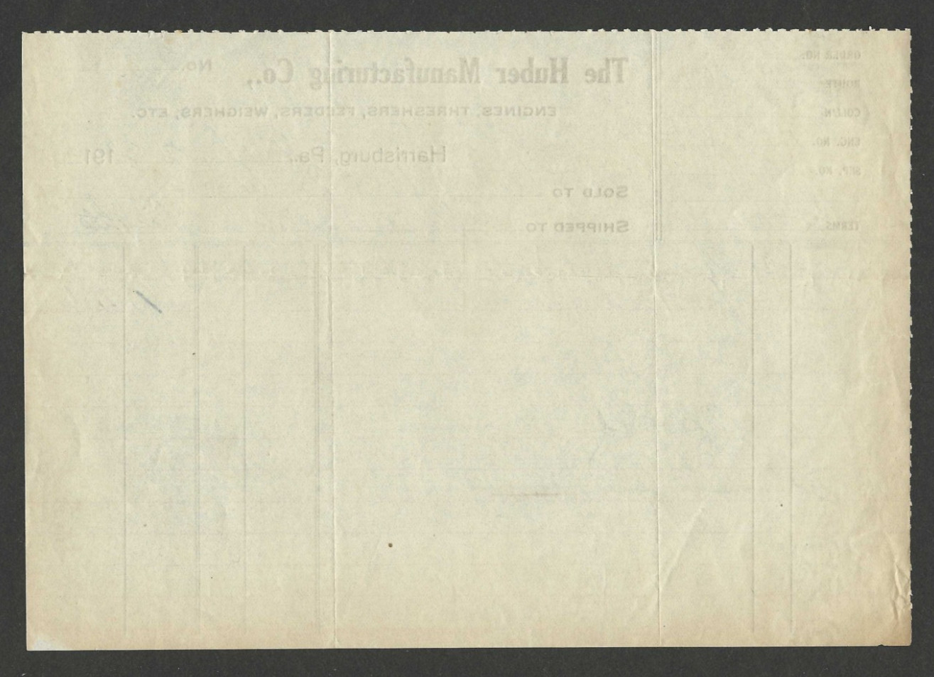 1914 Advertising Invoice Huber Manufacturing Harrisburg Threshers Nostrand