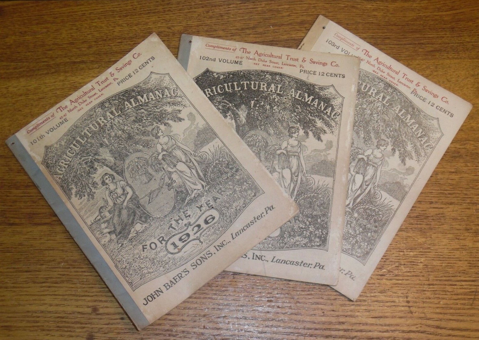 3 Old Agricultural Almanacs – John Baer&rsquo;s Sons Lancaster PA – Vol. 101 102 103