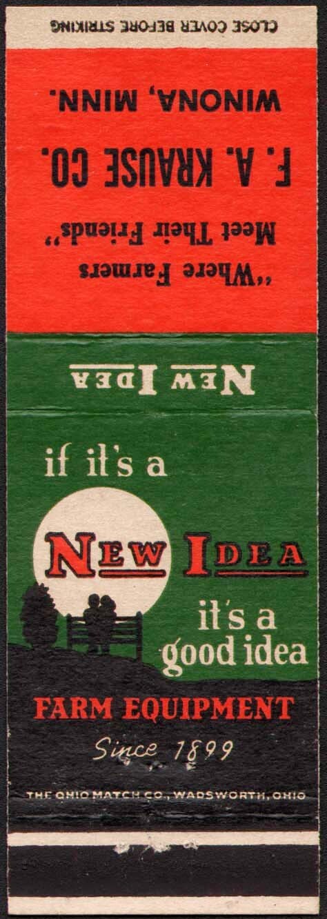 Vintage matchbook cover NEW IDEA FARM EQUIPMENT F A Krause Winona Minnesota nrmt