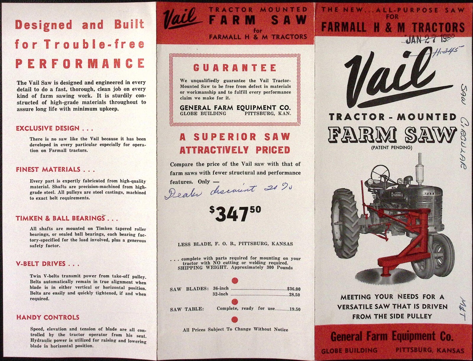 1953 Vail Tractor Mounted Farm Saw for Farmall H&M Tractors Dealer Brochure