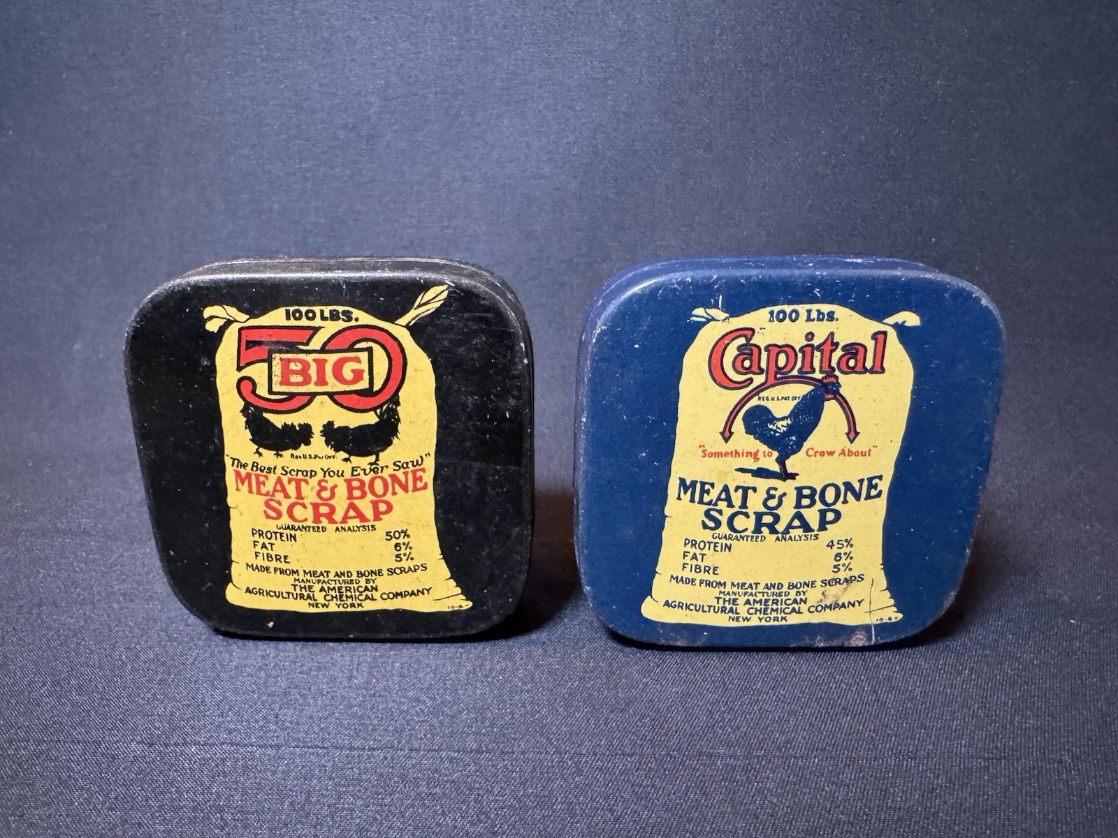 2 Vtg Meat & Bone Scrap Advertising Tins American Agricultural Chemical Co NY