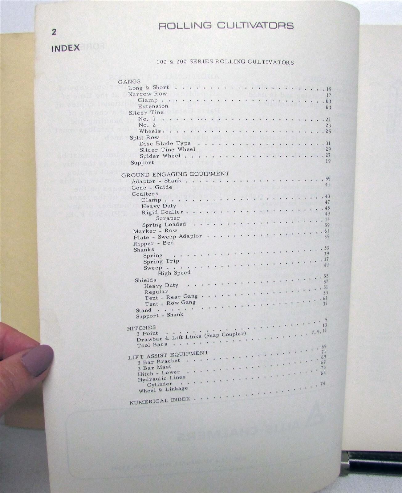 1970 Allis Chalmers Rolling Cultivators Series 100/200 Specs Parts Catalog