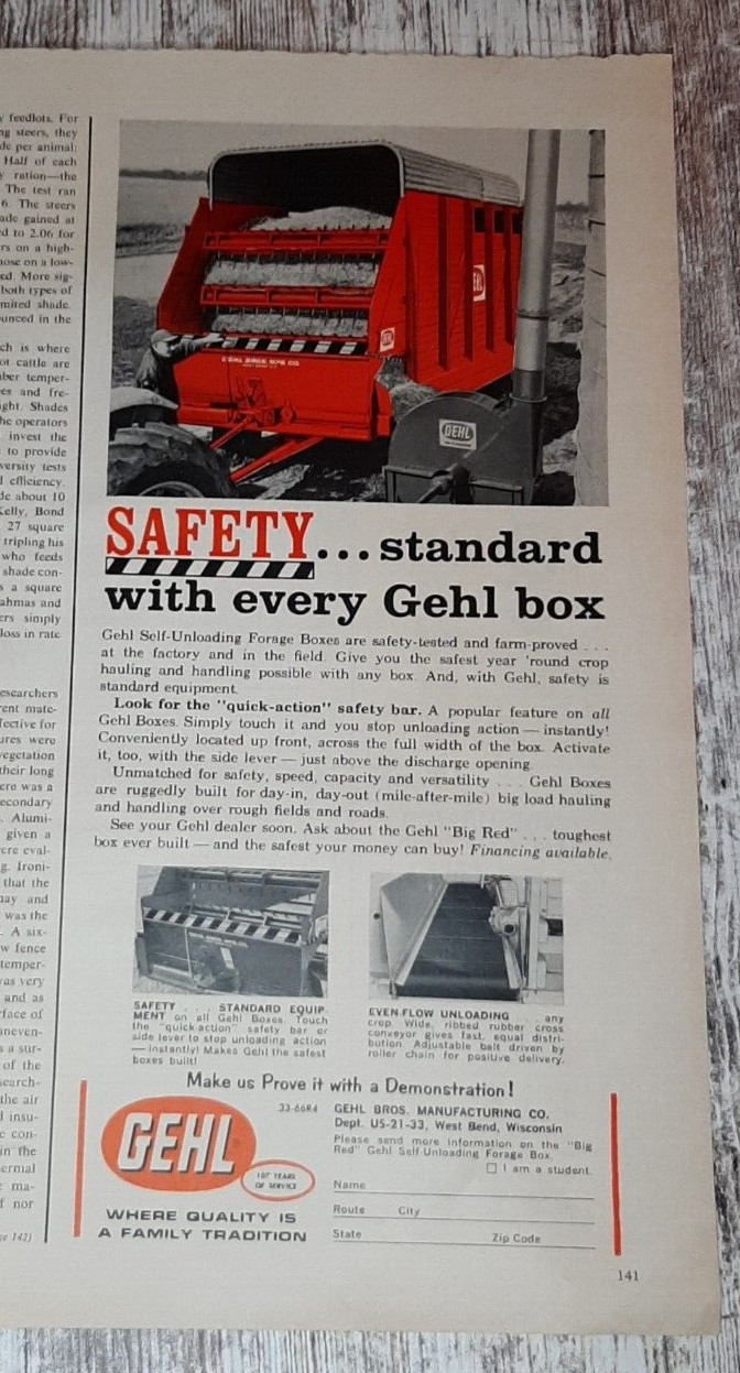 1966 Gehl Vintage Print Ad Forage Box Farm Crop Safety Red Farmer Tractor