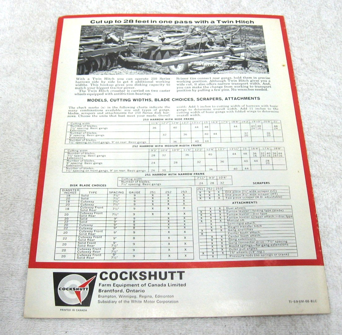 VINTAGE 1968 COCKSHUTT TRACTOR 251 252 253 DISK HARROW BROCHURE ORIGINAL