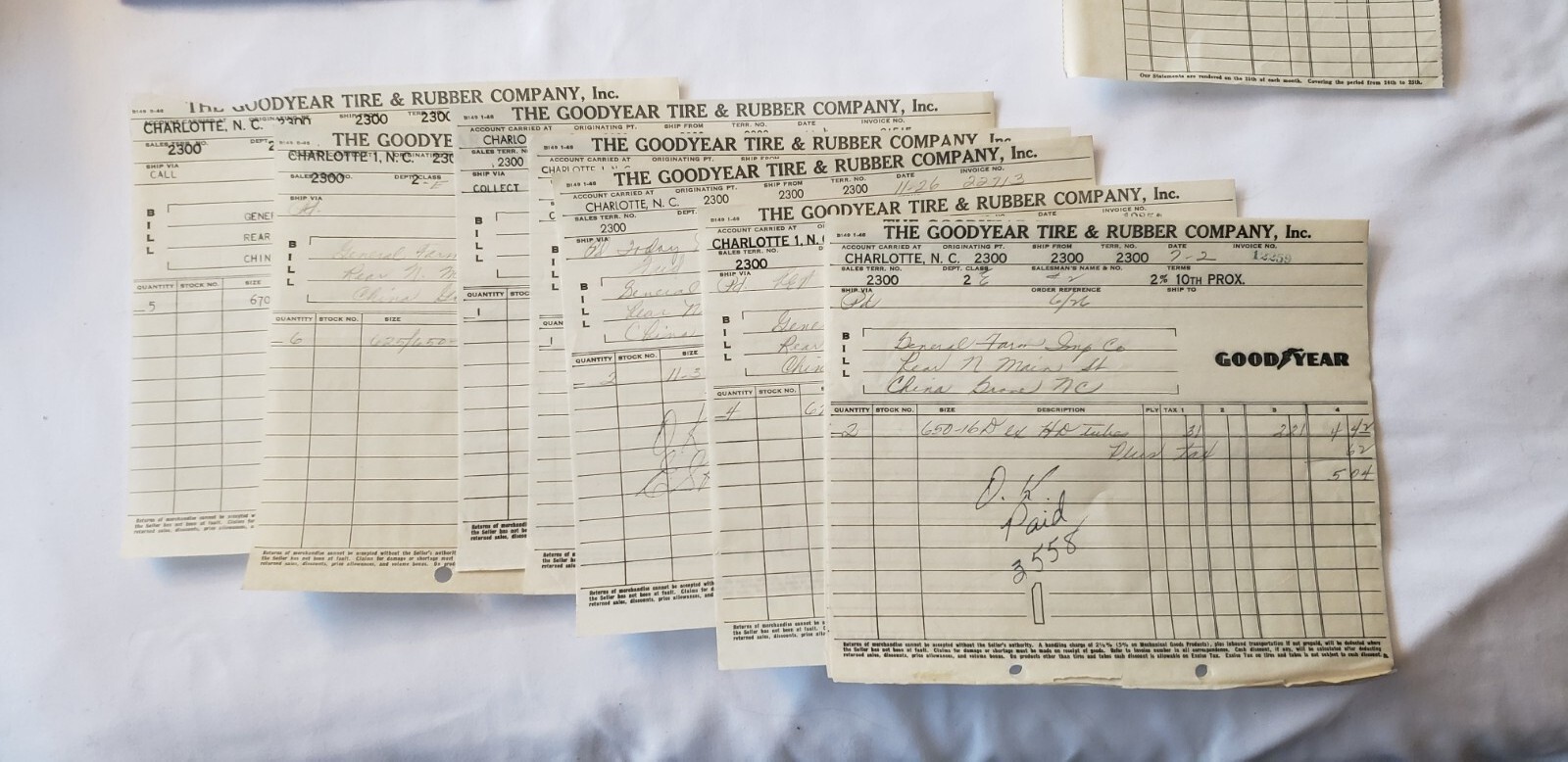 HUGE LOT of VINTAGE 1948 Goodyear Tire Rubber Invoice Tractor Farm Eq Concord NC