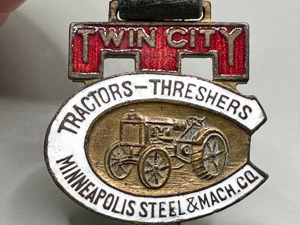 Antique TWIN CITY TRACTOR THRESHER Porcelain WATCH FOB Farm Advertising Enamel