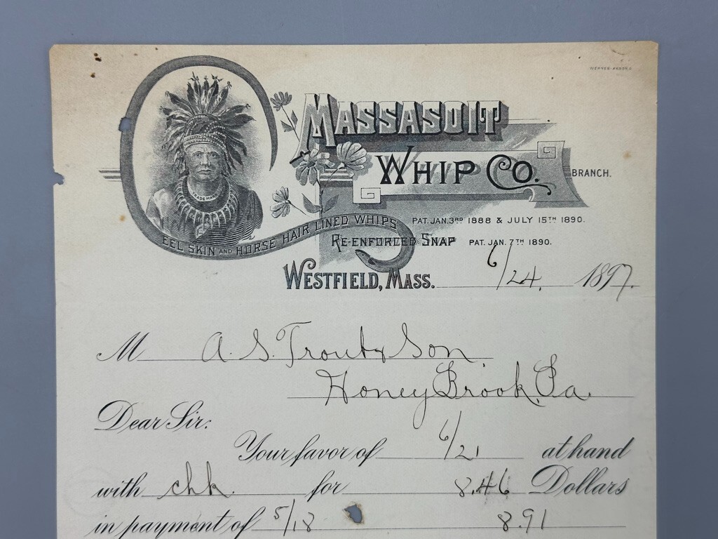 1897 MASSASOIT WHIP Co EEL SKIN & HORSE HAIR Farm Advertising Bill WESTFIELD MA