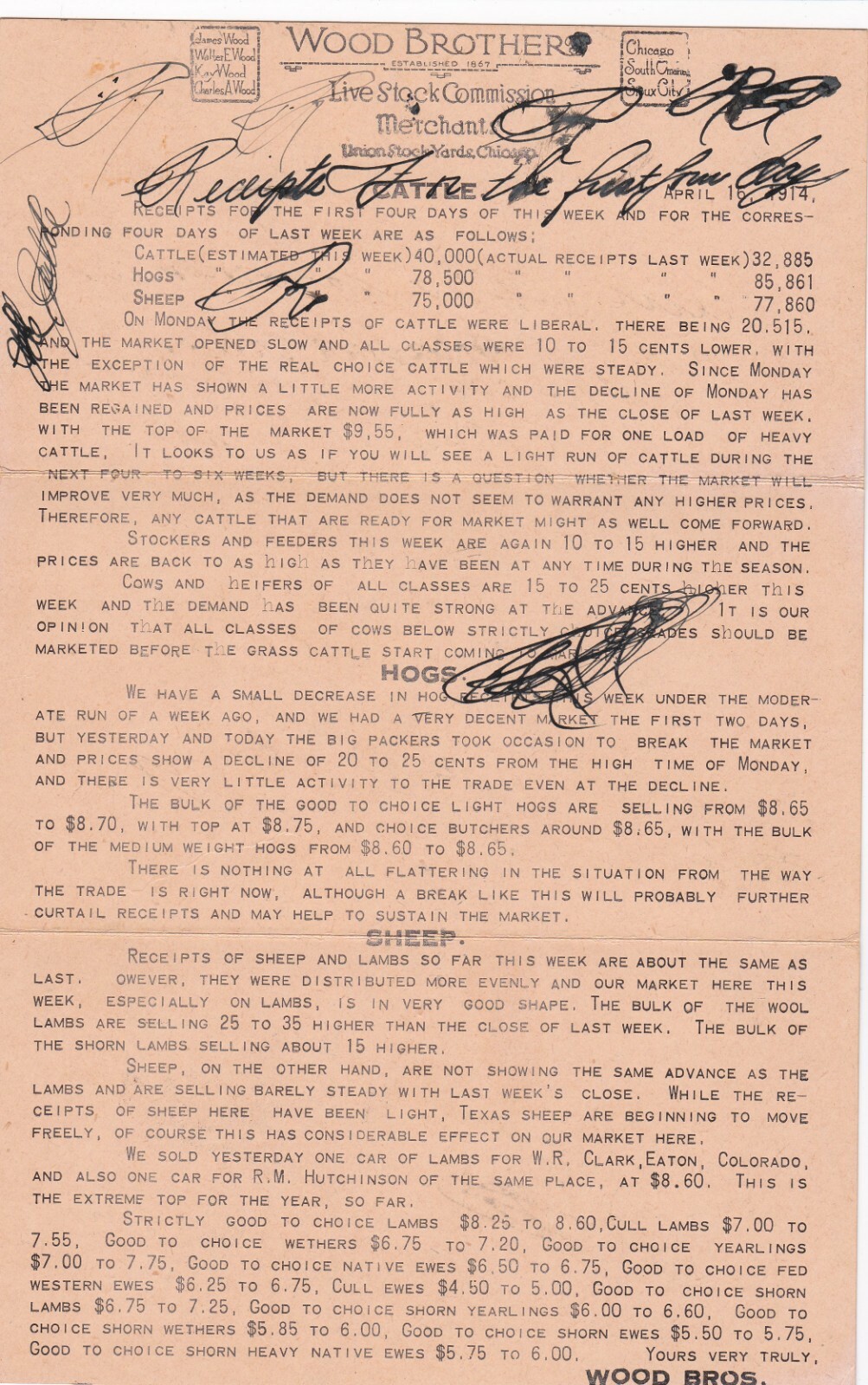 1914 The Latest Market News Cattle, Hog & Sheep Wood Bros. Chicago, Illinois