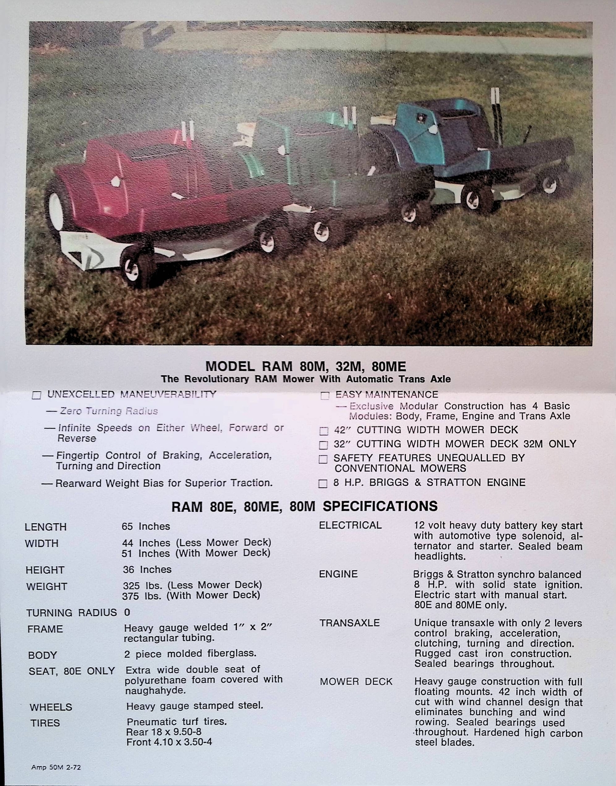 Vintage Farm Advertisement Spec Sheet Revolutionary RAM Mower Automatic Transaxl