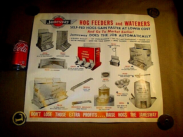 VTG 1952 JAMESWAY LIVESTOCK EQUIPMENT HOG FEEDERS PAPER POSTER SIGN 24 » X 21 »