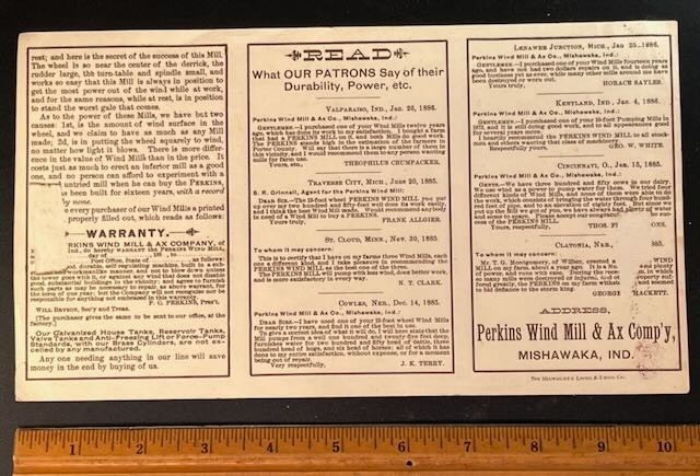 1880s Perkins Wind Mill & Ax Co. Advertising Trade Card Mishawaka IN Large Rare