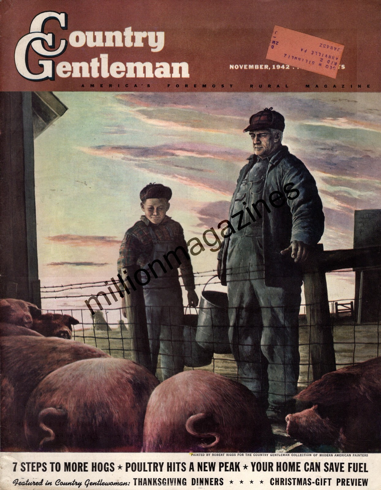 1942 Country Gentleman November Original Cover only -Slopping the Arkansas Hogs