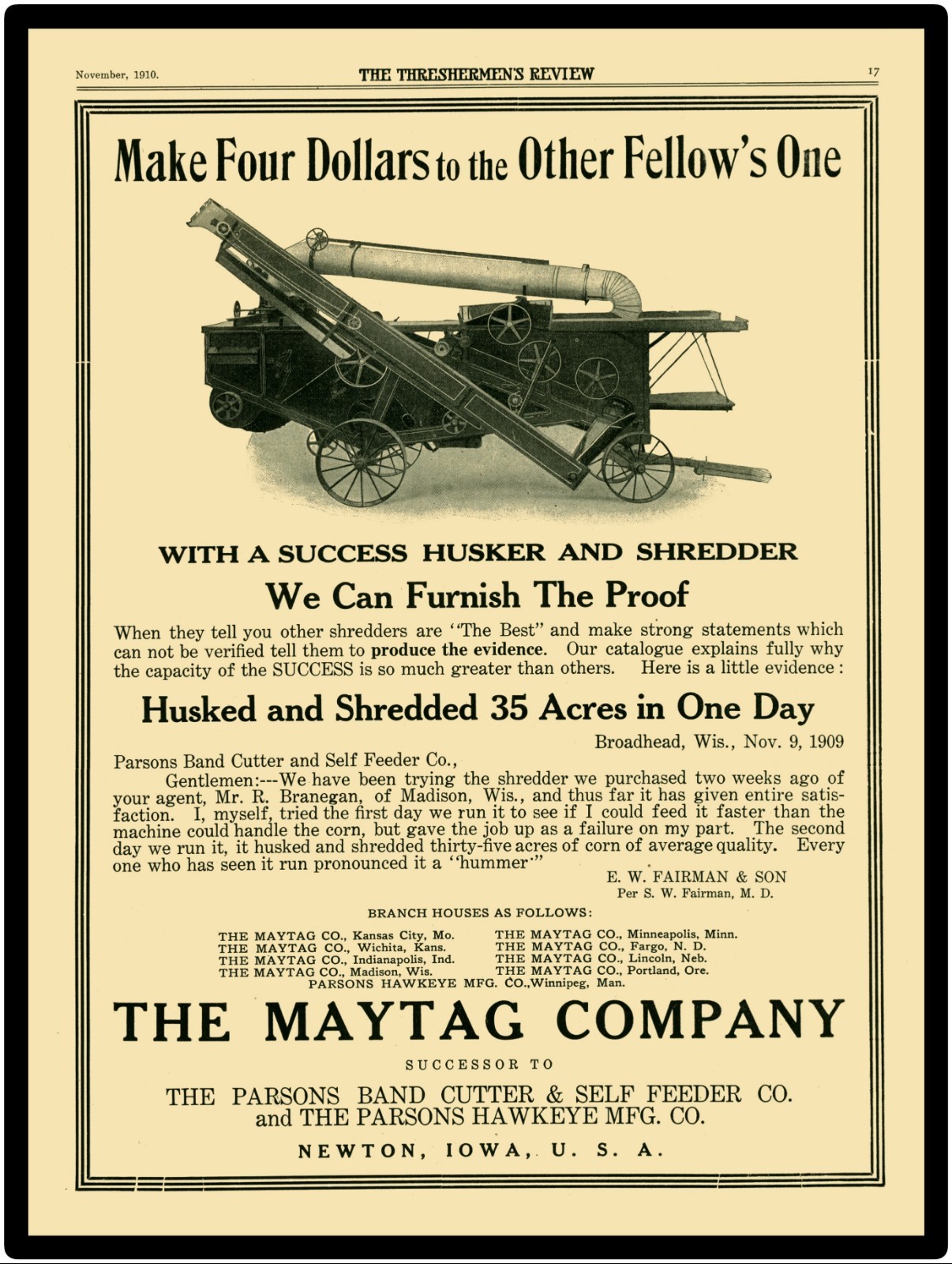 1910 Maytag Husker & Shredder 9” x 12” New Metal Sign Threshing Machine Newton