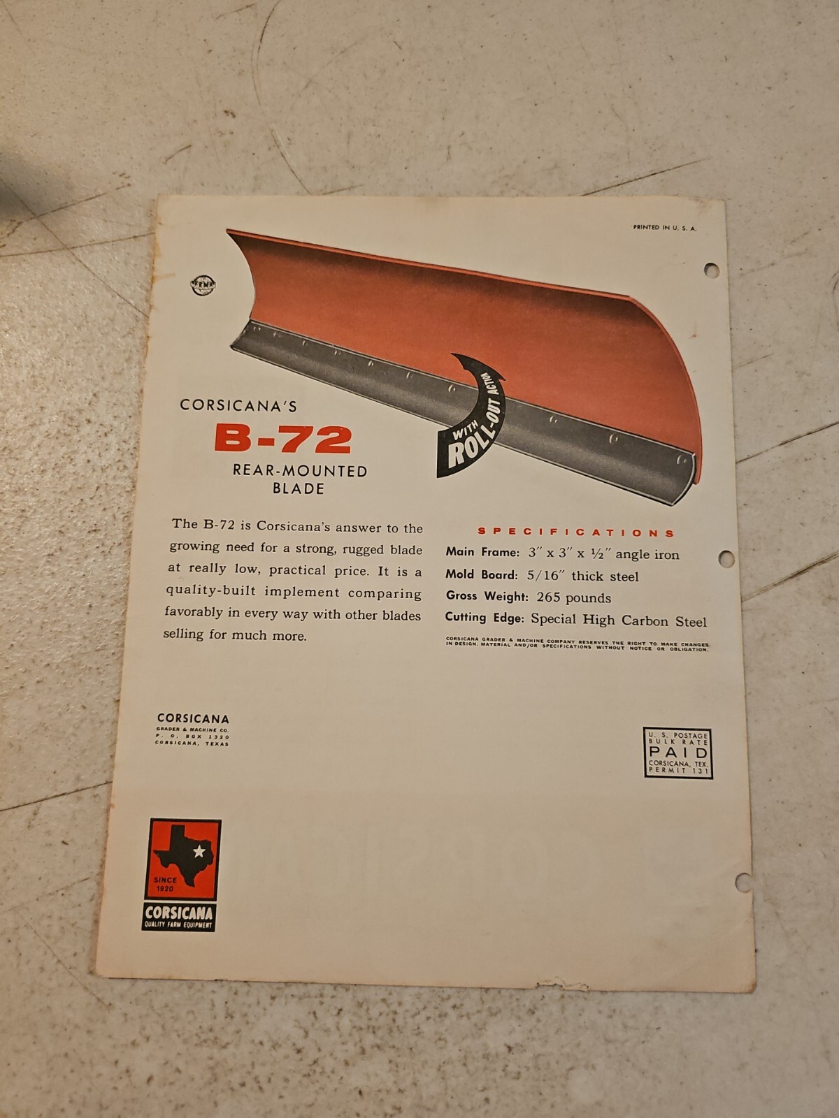 Vintage Corsicana B-72 REAR MOUNTED BLADE SALES BROCHURE FLYER