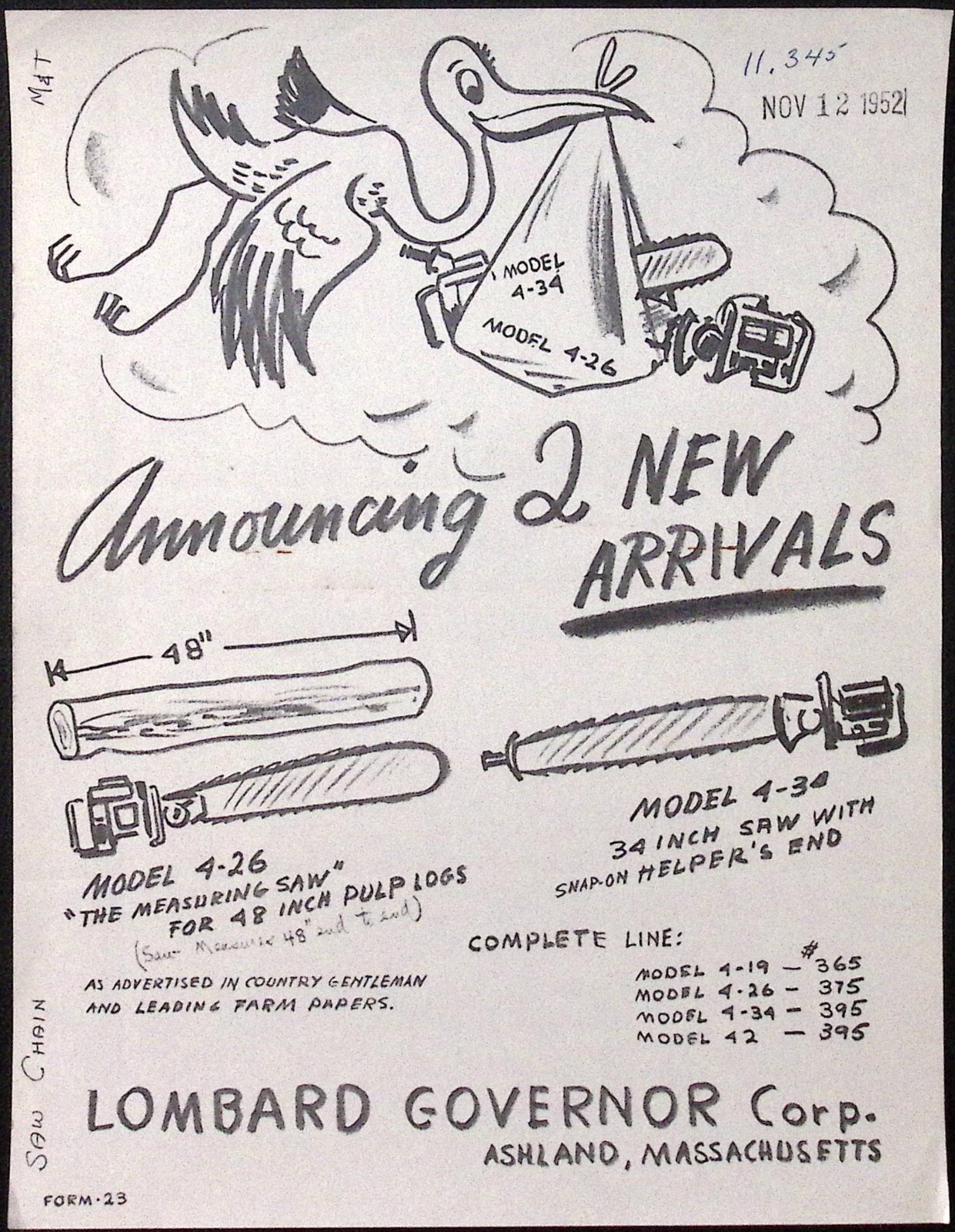 1952 Lombard Governor Corp Model 4-26 Model 4-34 Chain Saw Print Ad Ashland MA