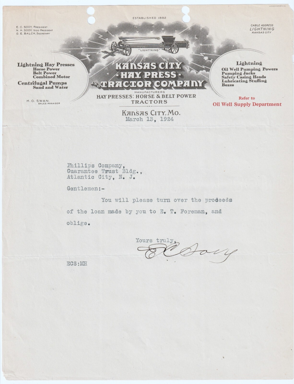 RARE Kansas City MO Hay Press Tractor Company – 1924 Bill Letter Head w Graphic