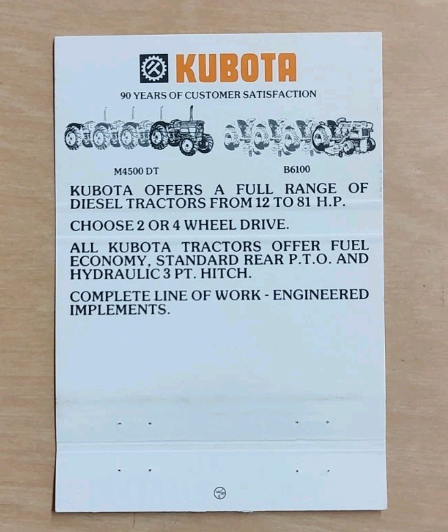 Kubota Diesel Tractor Matchbook Cover Spencer Implement Athens Alabama AL Photo