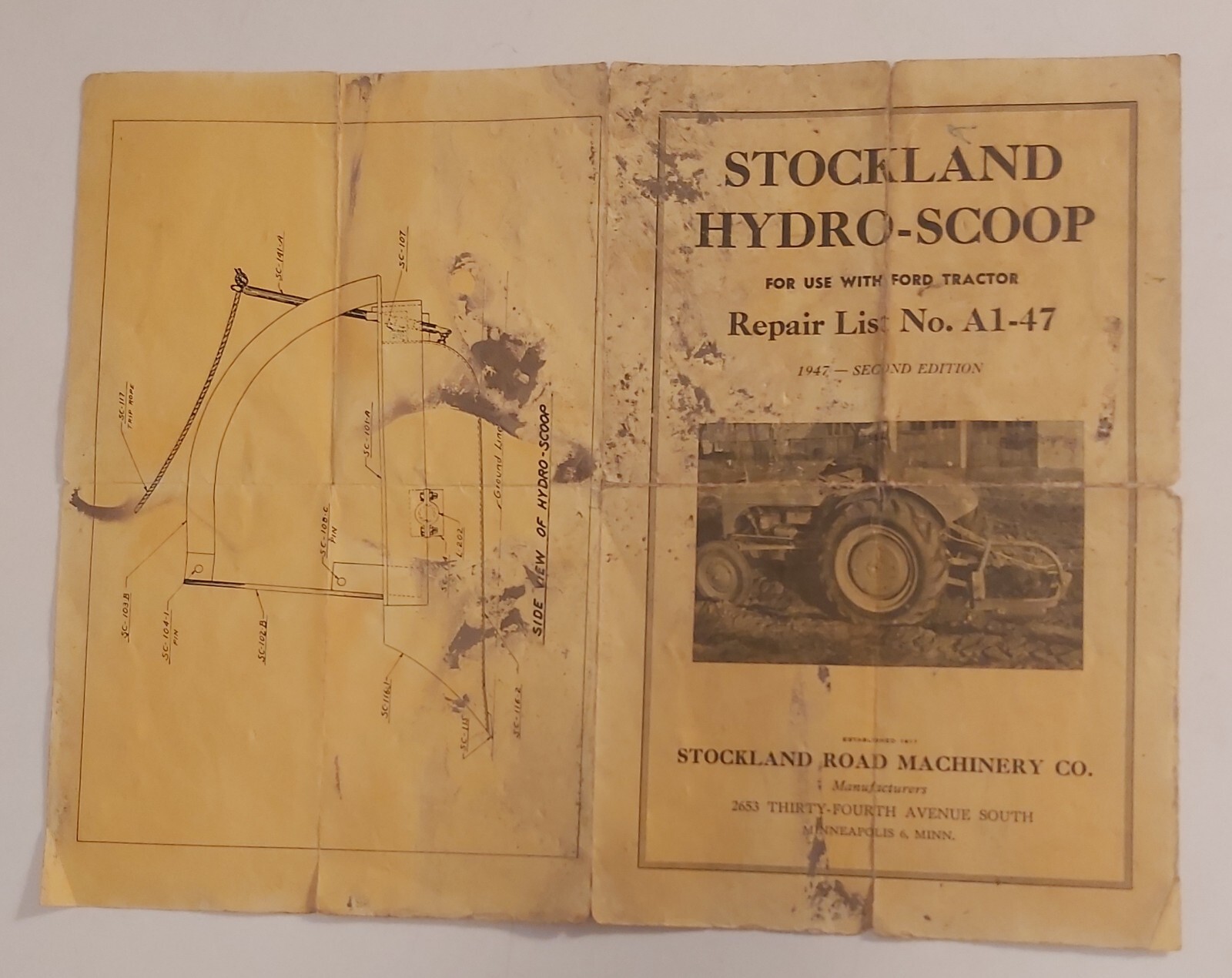 RARE VTG « STOCKLAND HYDRO-SCOOP FOR FORD TRACTORS » REPAIR LIST (MINNEAPOLIS, MN)