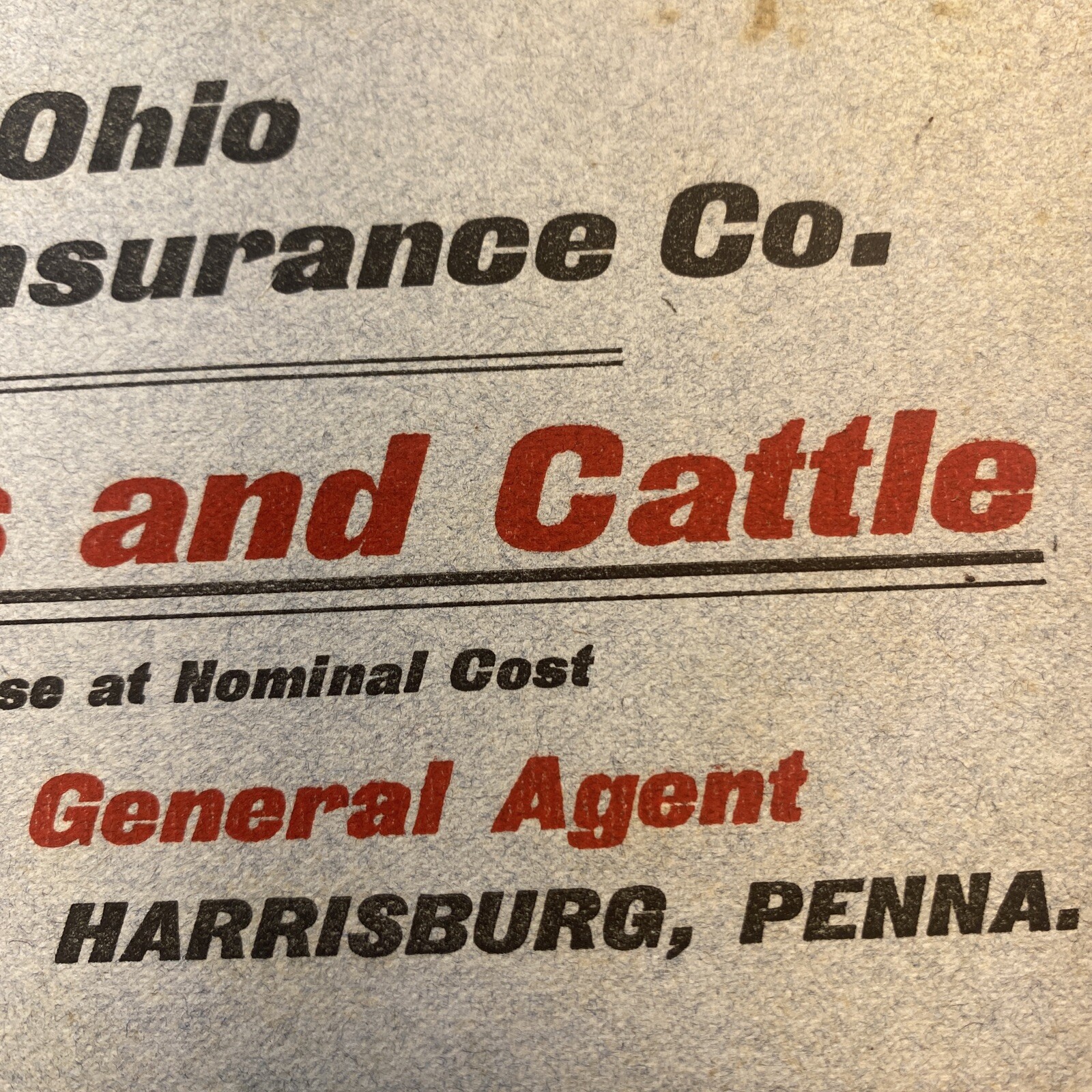 Rare Livestock Insurance Advertising C. Vernon Rettew Harrisburg PA