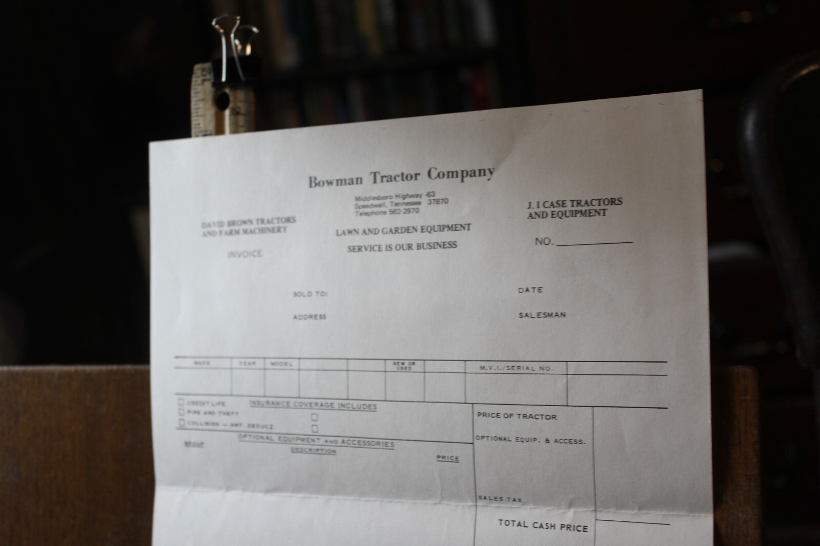 Vintage Speedwell Tennessee 1960&rsquo;s Invoice Bowman Tractor Company David Brown