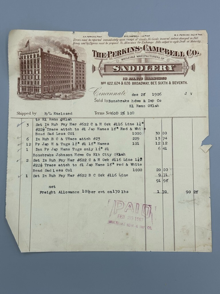 1906 Perkins Campbell SADDLERY Horse Saddle Billhead CINCINNATI Advertising