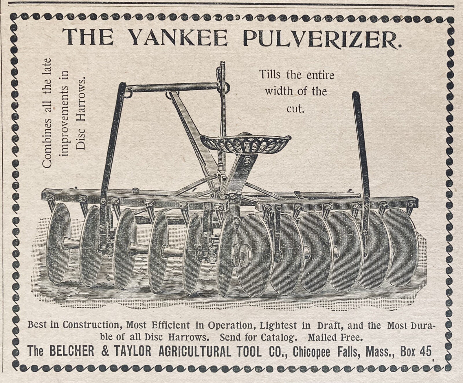 1896 AD.(XH45)~BELCHER & TAYLOR AG. TOOL CO. CHICOPEE FALLS. YANKEE PULVERIZER