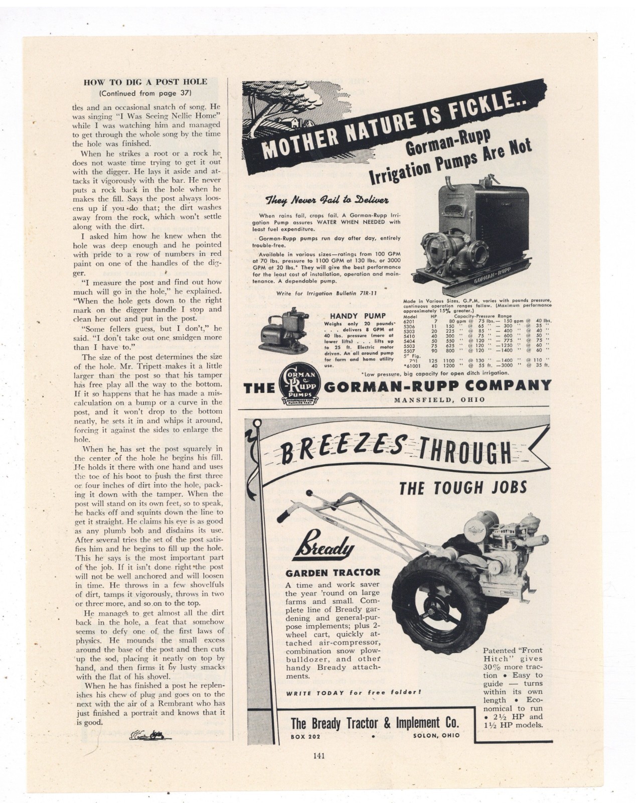 1947 Bready Tractor & Implement Co. of Solon, OhiO Ad: Bready Garden Tractor Pic