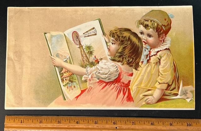 1880s Perkins Wind Mill & Ax Co. Advertising Trade Card Mishawaka IN Large Rare